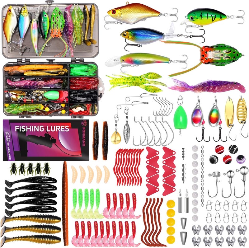 FONMANG Fishing Lures - Tackle Box with Tackle Included, Fishing Kit with VIBs, Frogs, Minnows, Soft Baits, Hooks & Weights Accessories, Freshwater Lure Kit for Bass Walleye Trout - Image 1